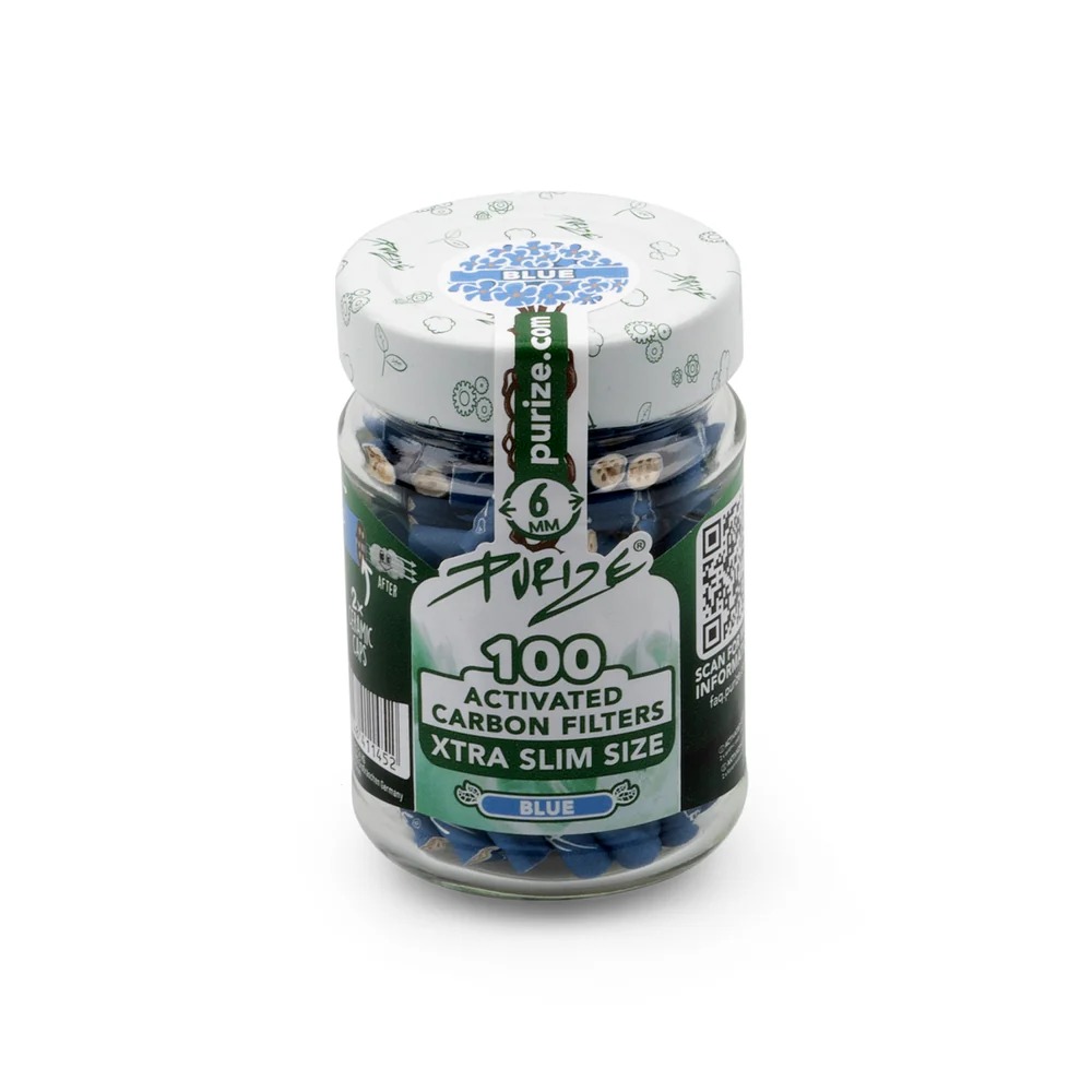 10x Purize Glas-Edition Aktivkohlefilter XTRA Slim - Size 6mm - Blue - 100 Stück