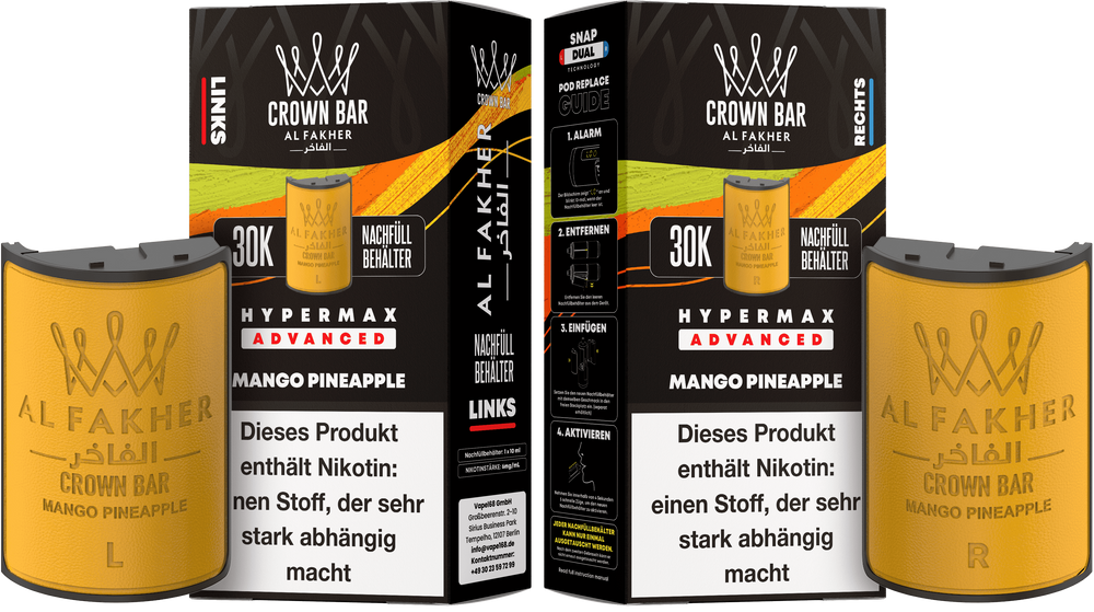 10x Al Fakher Hypermax Advanced 30K Pods - Mango Pineapple - 6mg Nikotingehalt (5 Linke + 5 Rechte Pods)