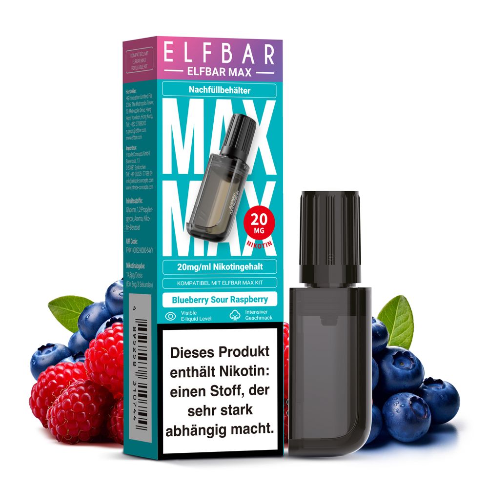 10x ELFBAR MAX Pod Blueberry Sour Raspberry 20mg Nikotingehalt