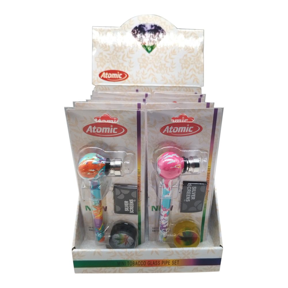 12x Atomic Glas Tabakpfeife mit Plastik Grinder