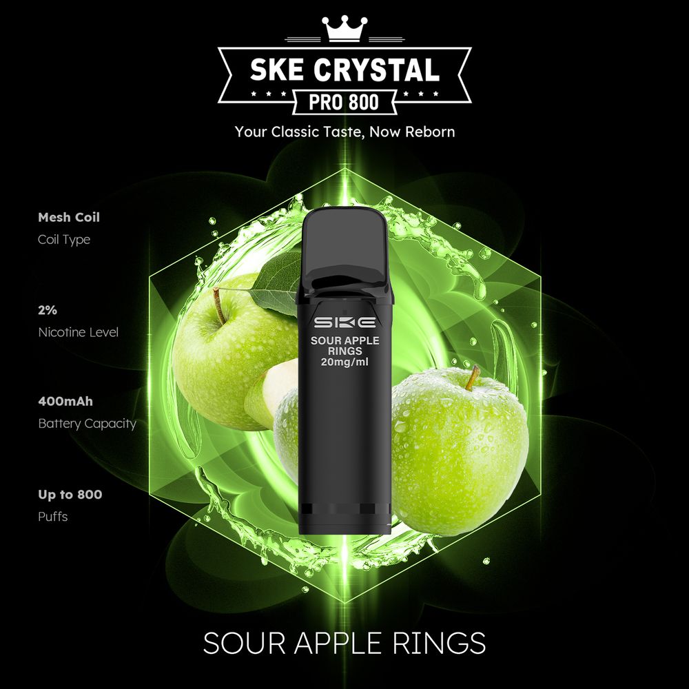 10x SKE Crystal Pro 800 - Sour Apple Rings - 20mg Nikotingehalt
