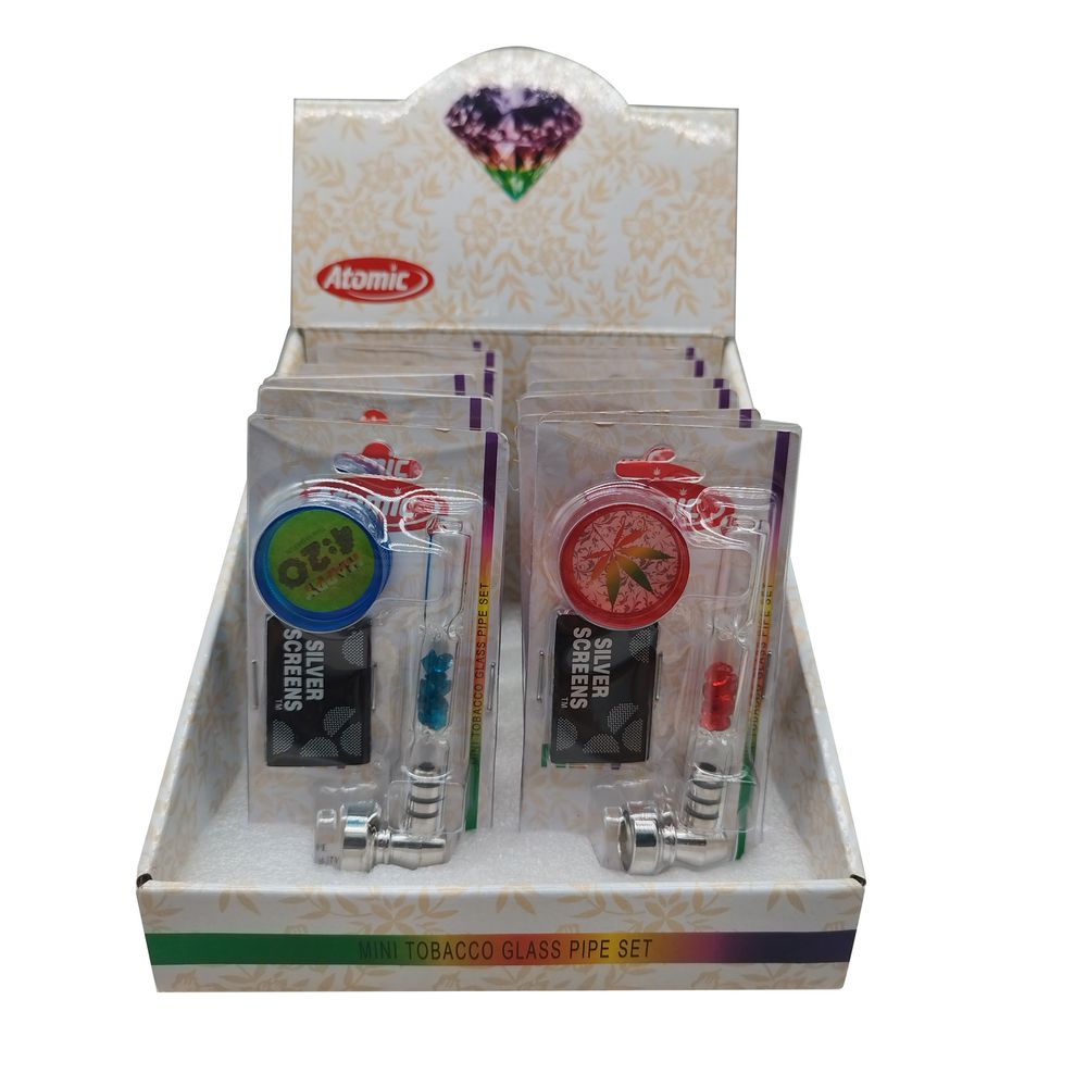 12x Atomic Glas Tabakpfeife mit Plastik Grinder