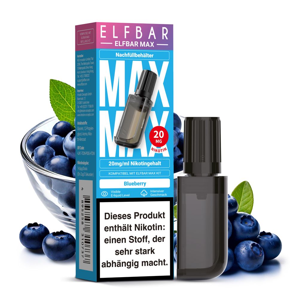 10x ELFBAR MAX Pod Blueberry 20mg Nikotingehalt