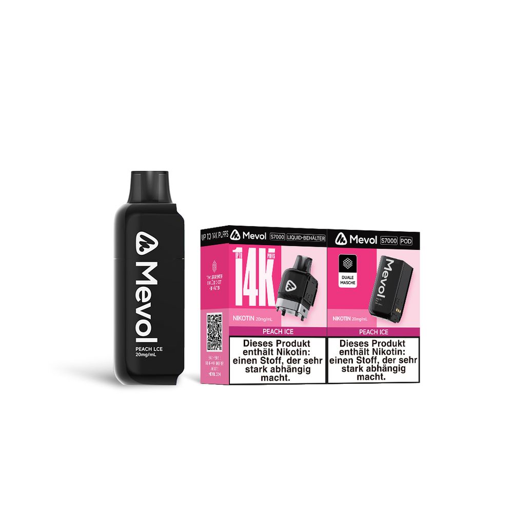 10x Mevol S7000 Peach lce 2ml Pod + 10ml E-Liquid Tank