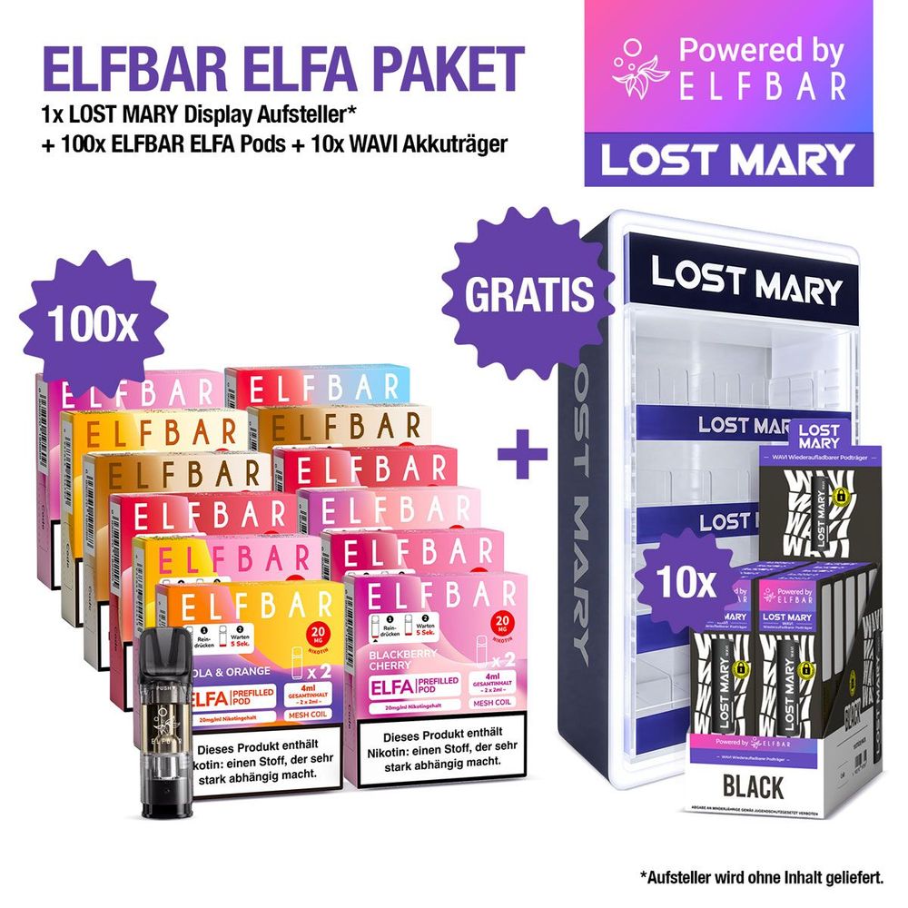 100x ELFBAR ELFA Pods + 10x WAVI Akkuträger + Lost Mary LED Aufsteller Gratis