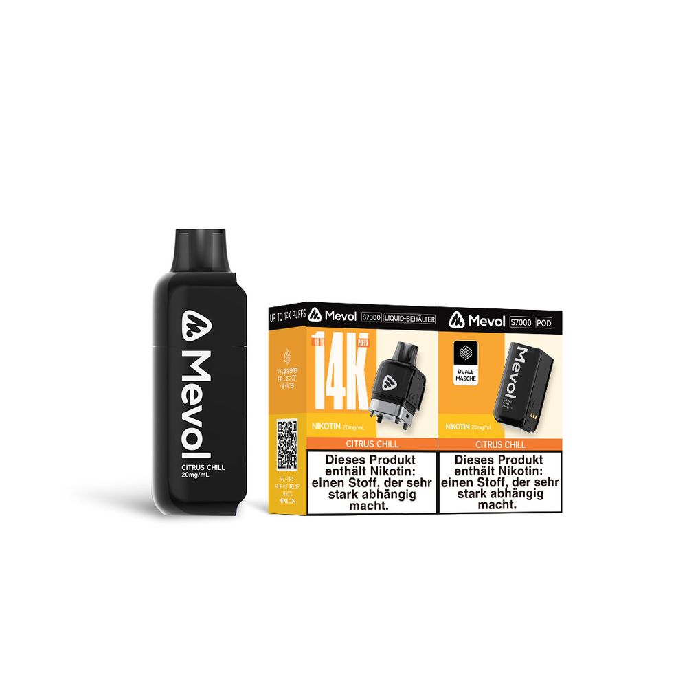 10x Mevol S7000 Citrus Chill 2ml Pod + 10ml E-Liquid Tank