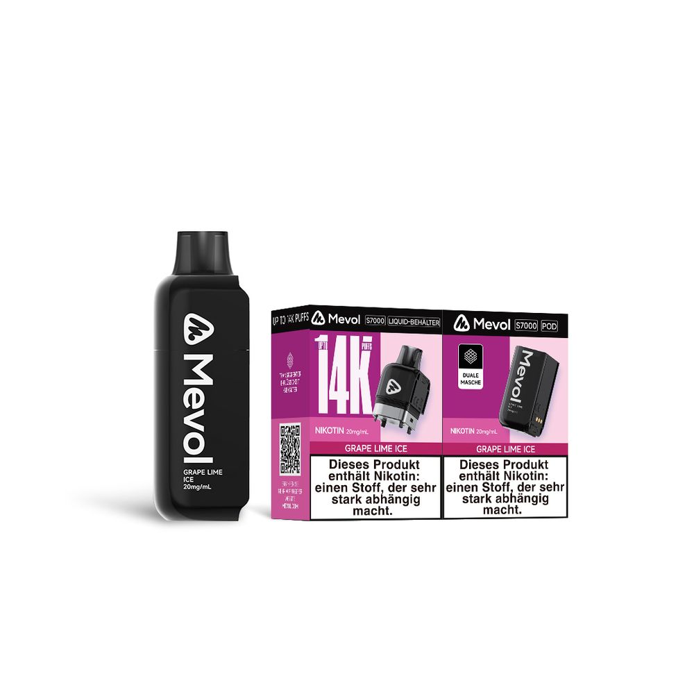 10x Mevol S7000 Grape Lime lce 2ml Pod + 10ml E-Liquid Tank