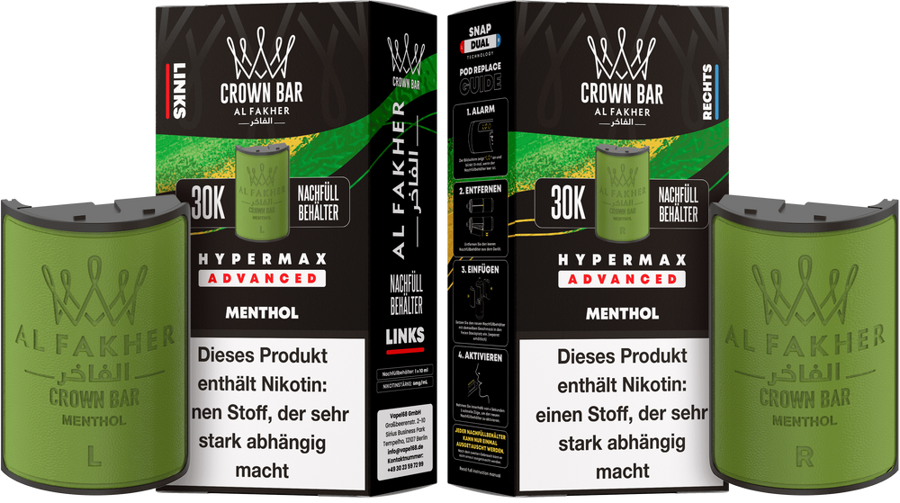 10x Al Fakher Hypermax Advanced 30K Pods - Menthol - 6mg Nikotingehalt (5 Linke + 5 Rechte Pods)