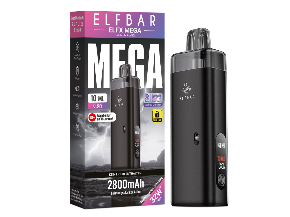 10x Elfbar ELFX Mega Pod Kit - 2800 mAh Farbe: Schwarz