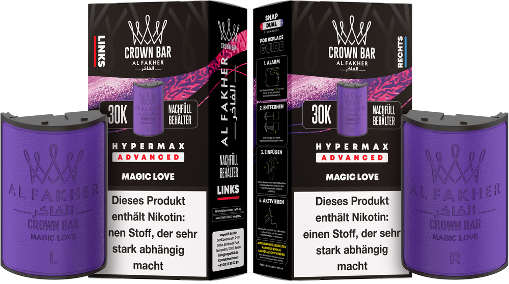 10x Al Fakher Hypermax Advanced 30K Pods - Magic Love - 6mg Nikotingehalt (5 Linke + 5 Rechte Pods)