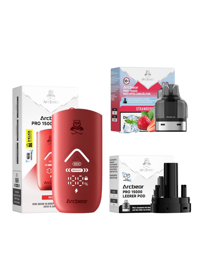 5x Arcbear Pro 15000 Starter Set - Farbe: Red + Pod Strawberry Ice